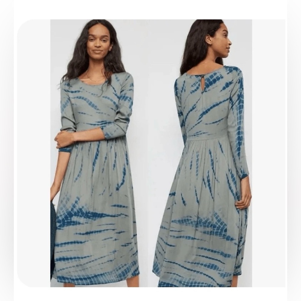 Anthropologie Dolan Eliksa Green Long Sleeve Drop Waist Midi Dress Sz XS